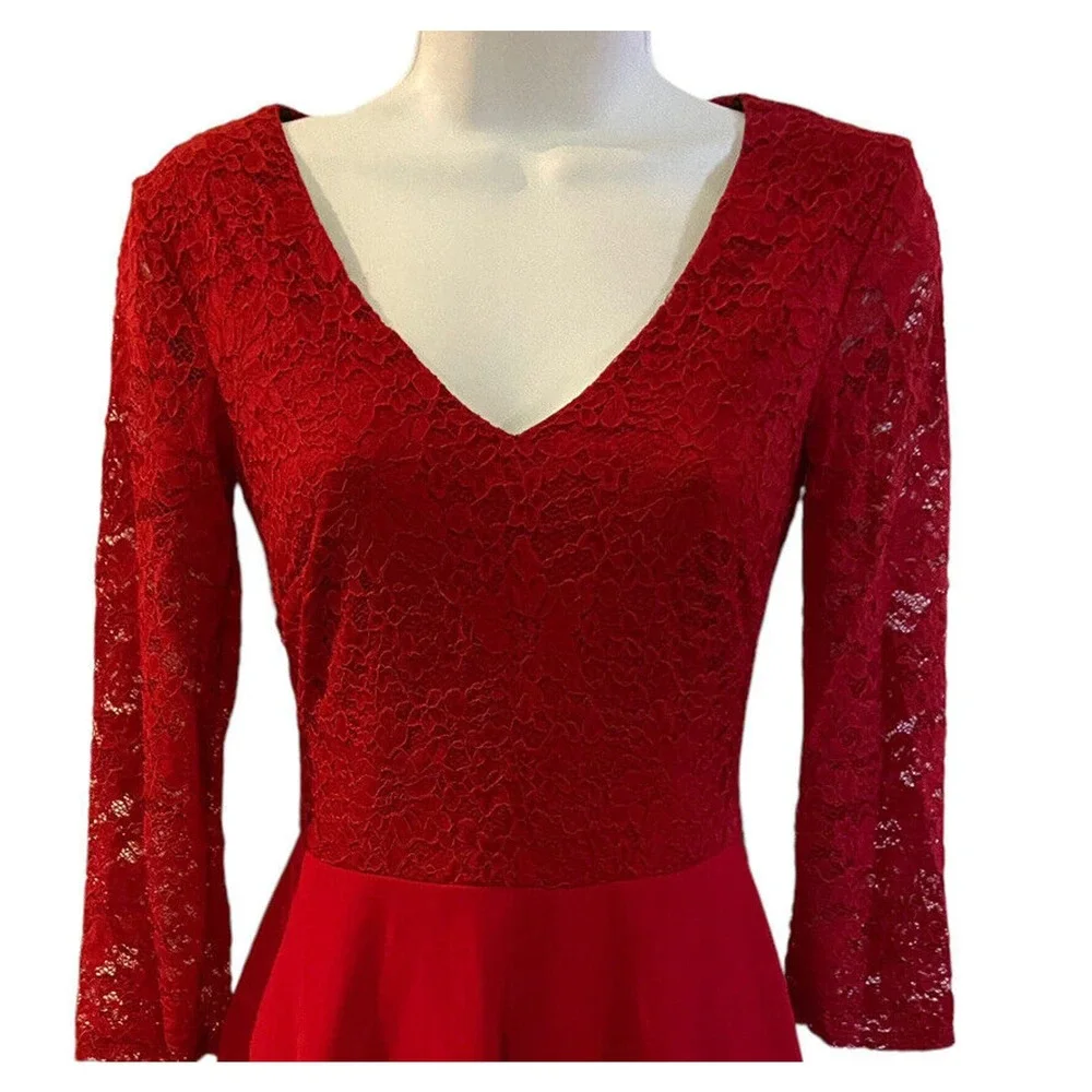 B. Darlin Lace Crepe Ruby Red Bow Back Skater Cocktail Party Bow Back Mini Dress - Picture 10 of 15
